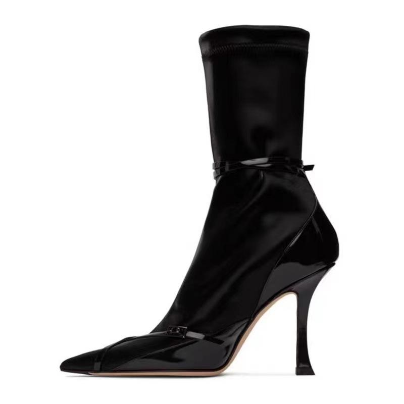 

European and American elastic thin boots autumn 2025 new black pointed high-heeled short boots women s thin heel fashion versatile women s boots 40