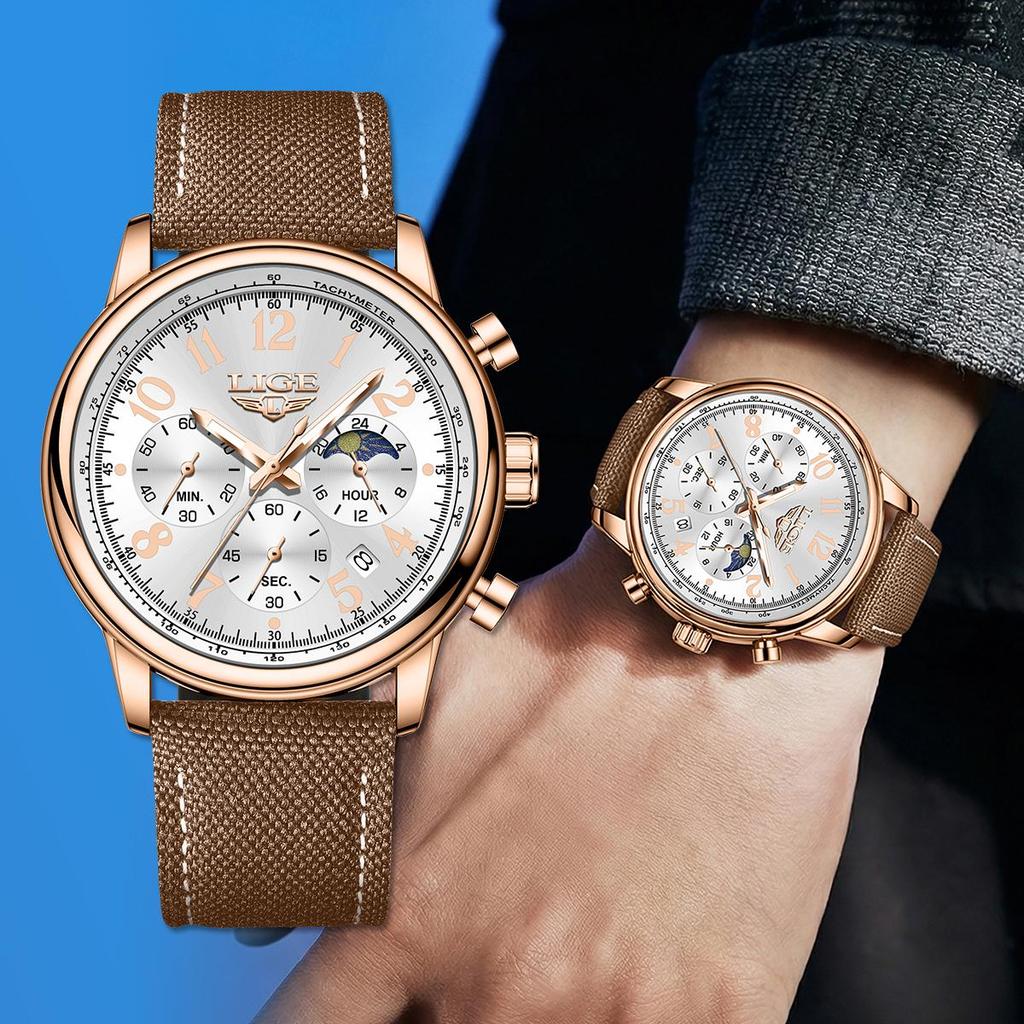 Stylish Mens New Watch Lige Casual Leather Quartz Watch Automatic Calendar Luminous Waterproof Watch