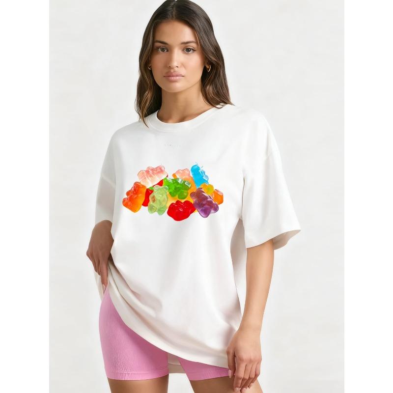 Nadměrné tričko s černým potiskem gumového medvídka a minimálním textem, ležérní oblečení pro každodenní outfity