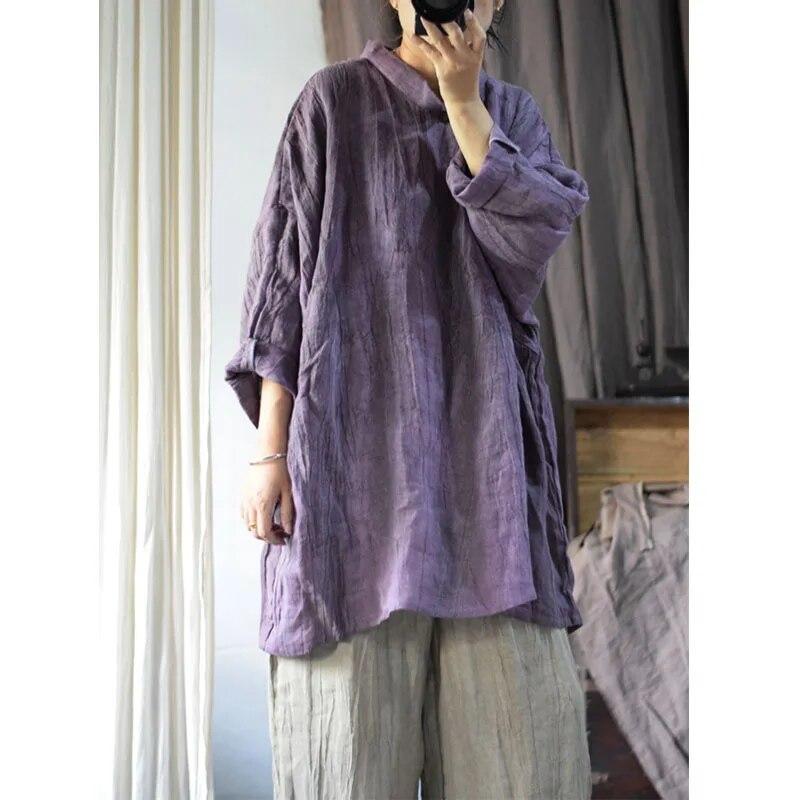 

Johnature нерегулярная льняная футболка в китайском стиле, осенняя женская модная футболка с длинными рукавами One Size фиолетовый