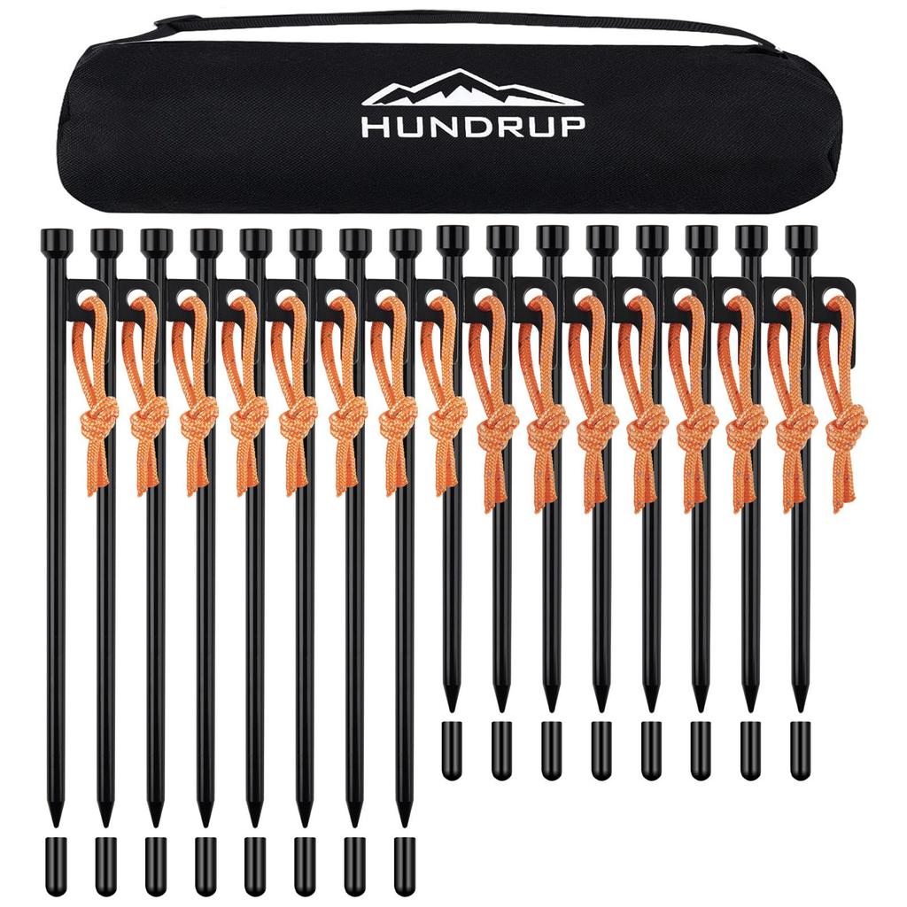 HUNDRUP Pegs Forged Pegs Laser Welded Rope with Reflective Material Steel Solid Stakes Electroplated Coating Storage Case Protective Cap Included