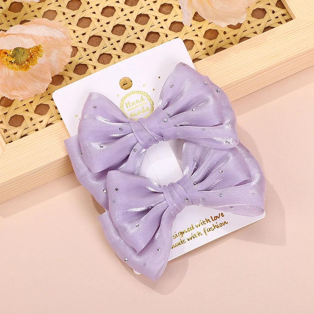 RAINBOW BOWS 2Pcs Yarn Bow Hair Clip Solid Crstal Bowknot Hairgripes for Girls Elegant Womens Boutique Hair Accessories