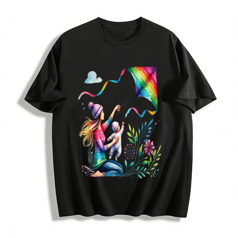 Mom And Baby Flying Rainbow Kite Watercolor Print Top Pure cotton T-shirt XXS