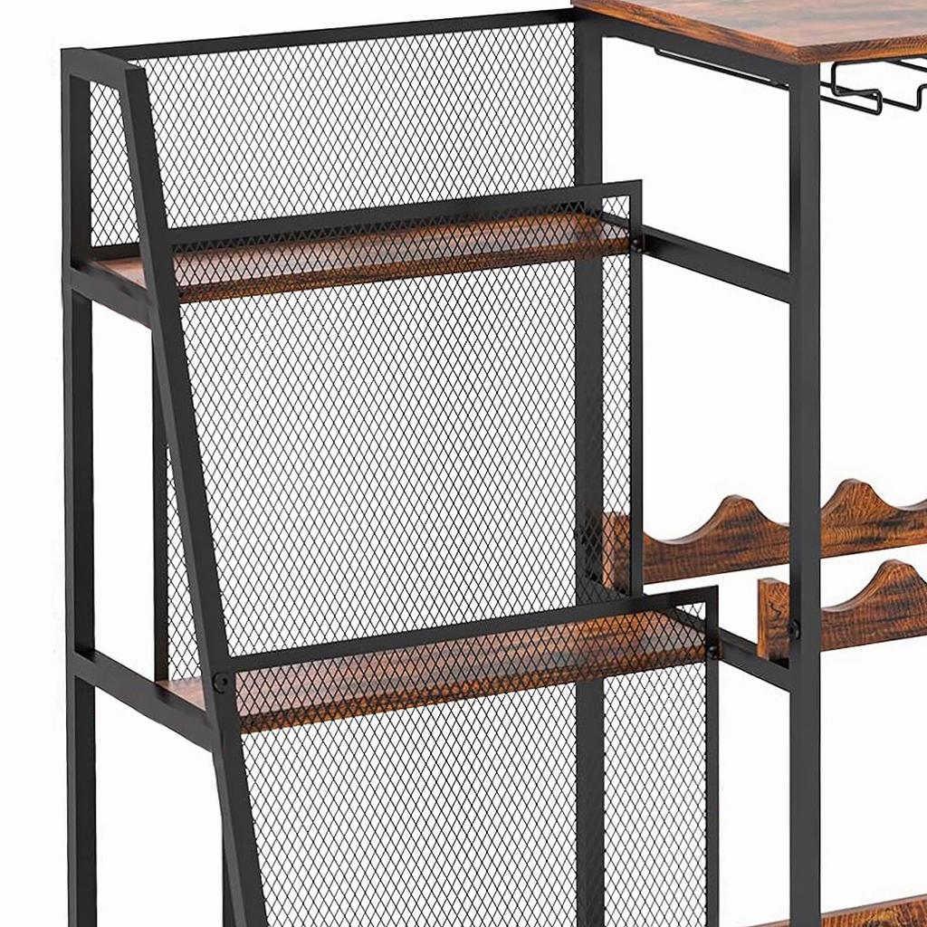 US Wine Rack Freestanding Floor Wine Bar Cabinet 3-Tier Floor Liquor Bar Cabinet With Fences & Glass Holder For Home Kitchen Bar