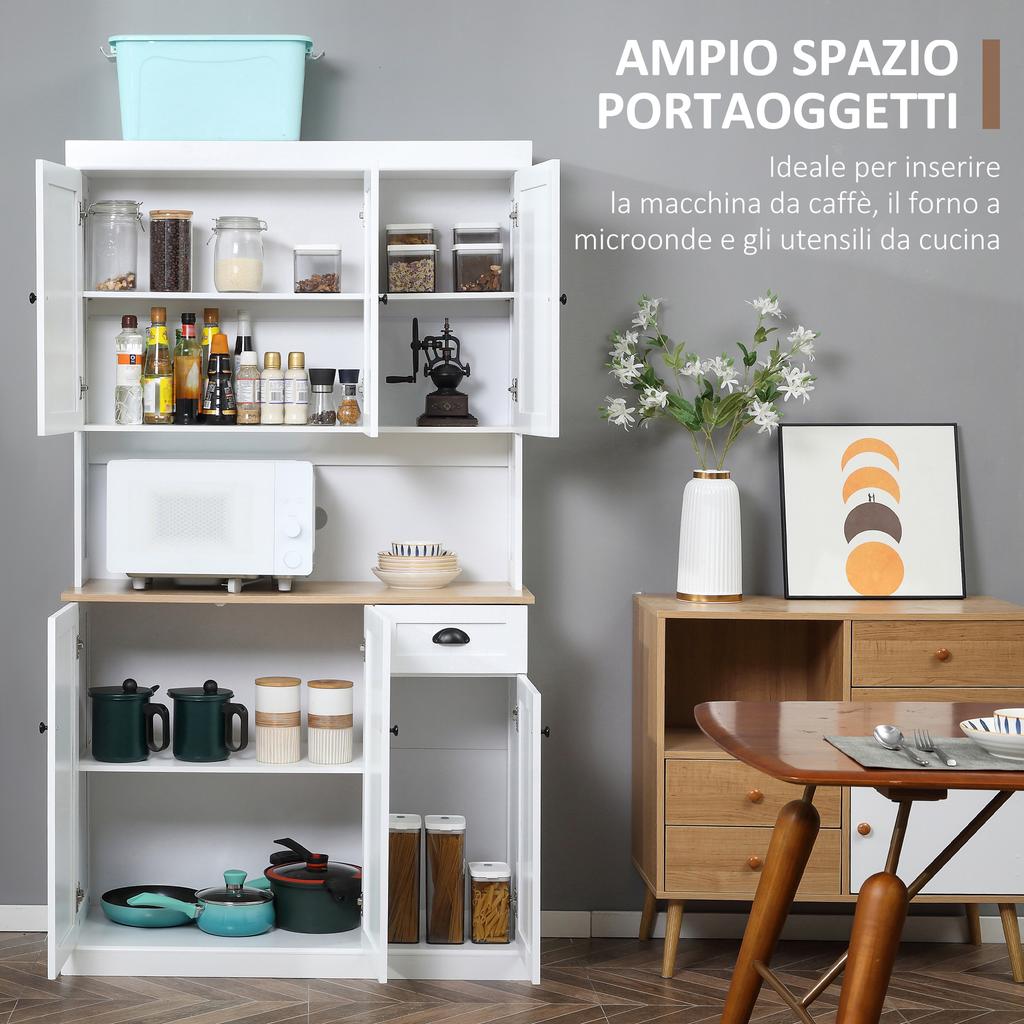 180cm Freestanding Kitchen Cabinet, Modern Storage Cupboard with Open Countertop, Drawer and 6 Doors, White