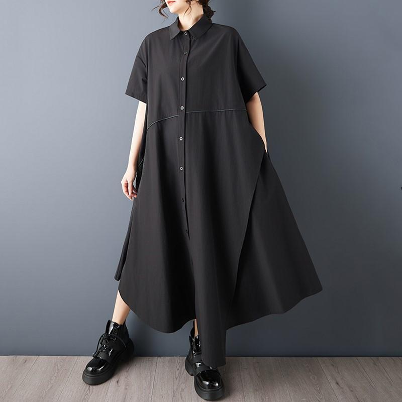 Short sleeve Plus size vintage Black new in dresses for women casual loose long summer shirt dress