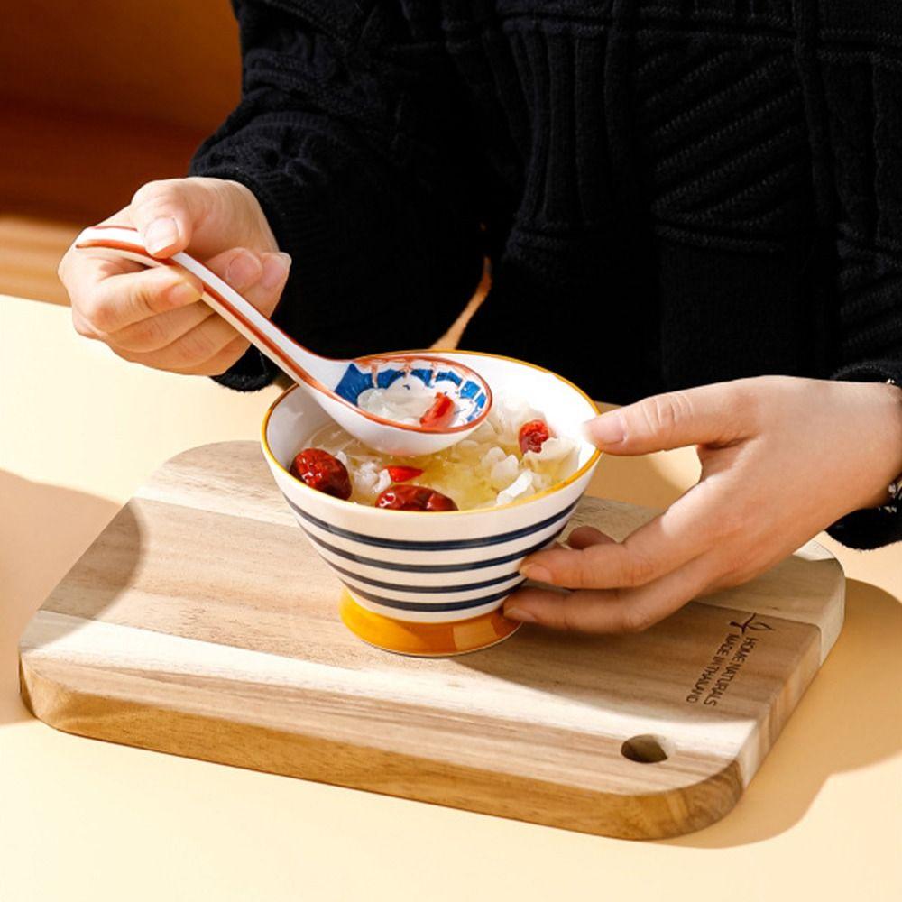 Set of 4 Porcelain Ramen Spoons Curved Handle Cooking Utensil Wonton Ceramic Soup Spoon  Home