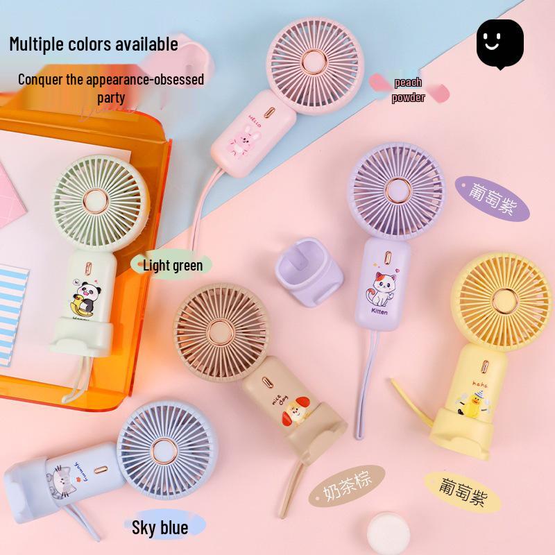 2026 Handheld Cartoon USB Charging Fan with Phone Holder
