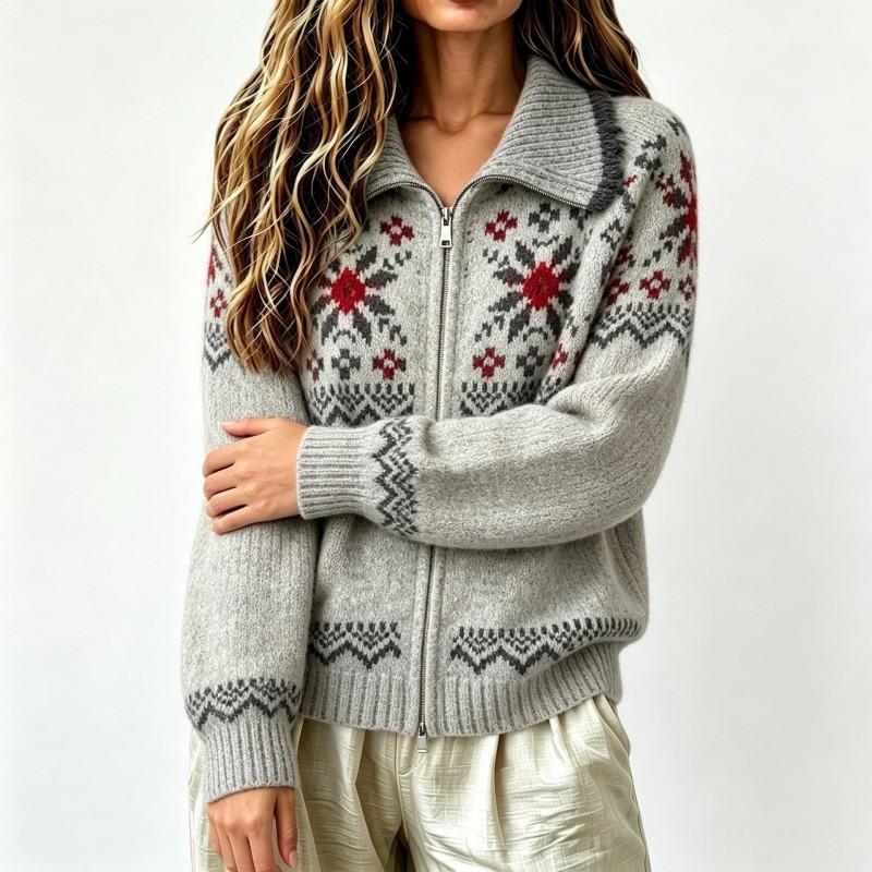 Fair Isle Knit Cardigan With Zipper Collar Loose Fit Winter Sweater Women