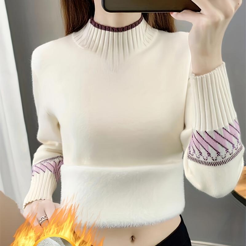 Women's Cozy Fleece-Lined High-Neck Sweater Thick Warm Long Sleeve Pullover with Soft & Stylish Fall/Winter Highneck Sweater