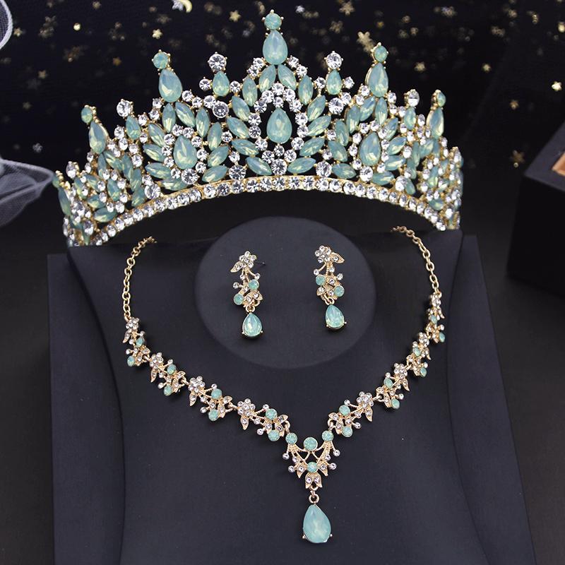 Gorgeous Green Tiaras Jewelry Sets for Women Bridal Wedding Crown Set Party Prom Bride Necklace Earrings Costume Accessory