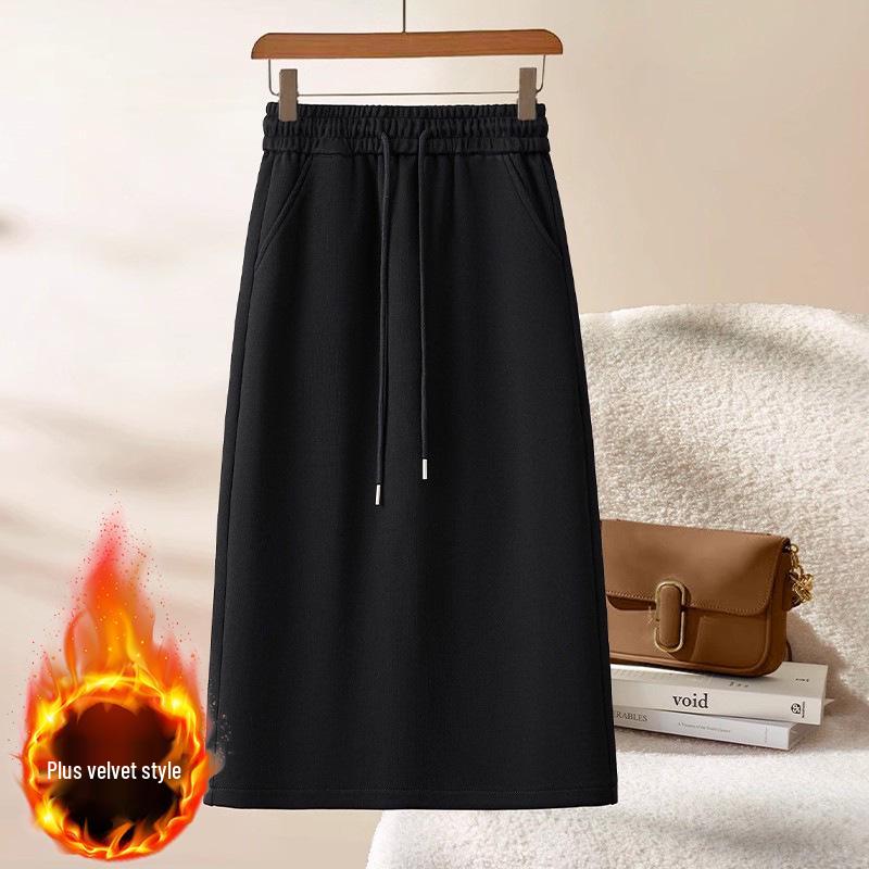 Plus Size High-Waisted Velvet Midi Skirt: Hip-Hugging, Loose Fit, with Slit for Women, Perfect for Autumn/Winter Casual Wear