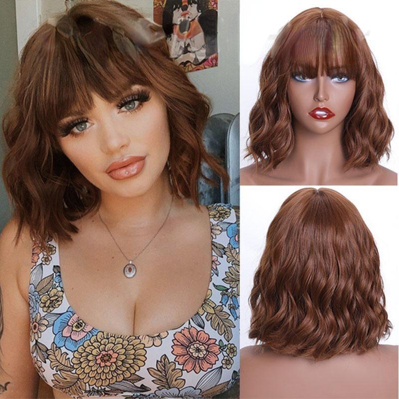 MERISIHAIR Short Wavy Wigs with Bangs Black Bob Wig with Bangs Shoulder Length Wigs for Women Synthetic Heat Resistant Fiber Wig