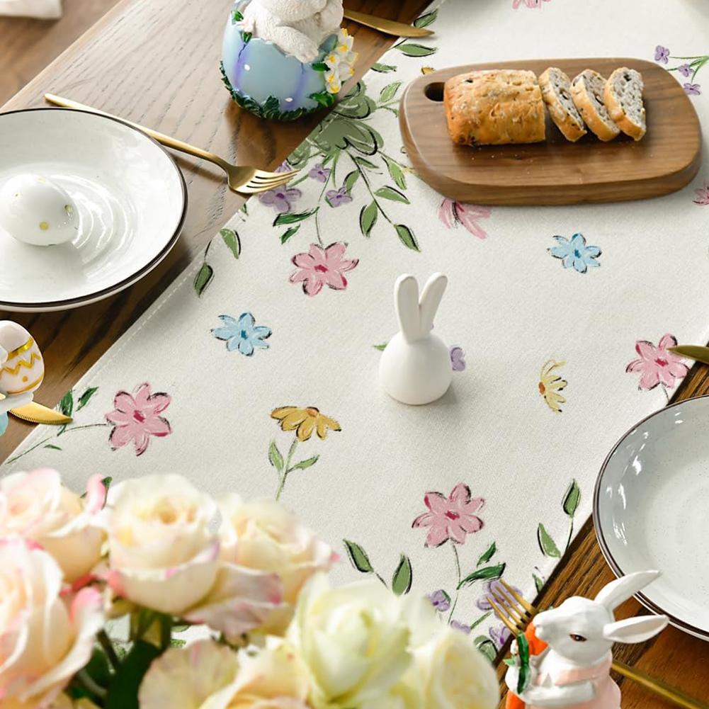 Easter Bunny Eggs Butterfly Floral Linen Table Runner Holiday Party Decor Spring Kitchen Dining Table Runner Easter Decorations