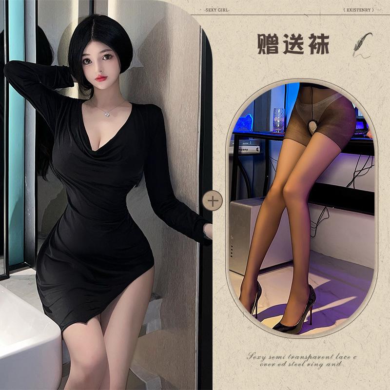 Split Perspective Sex Underwear Sexy Nightclub Style Uniform Hot Free Ice Silk Large Dress