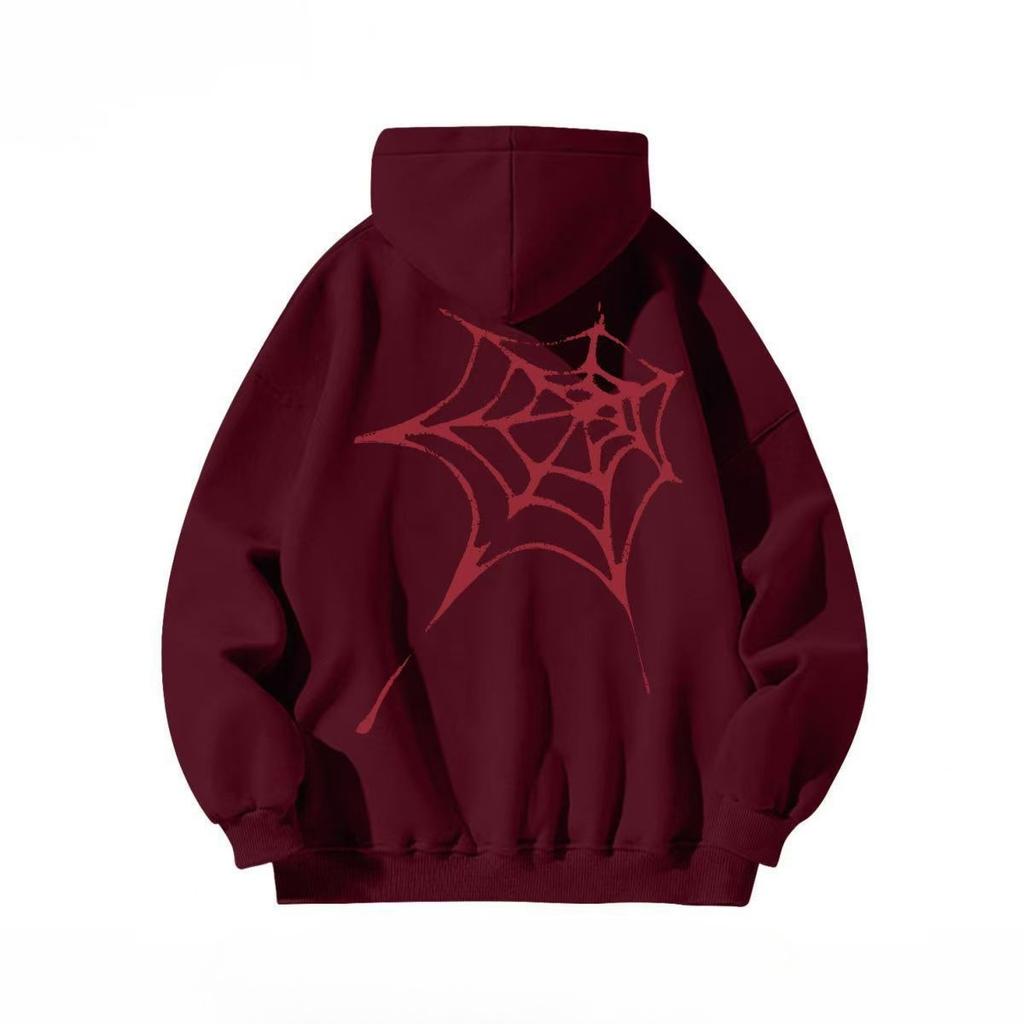 Men's Women's Loose Warm Winter Fashion Red Spider Web Back Printed Hooded Sweatshirt