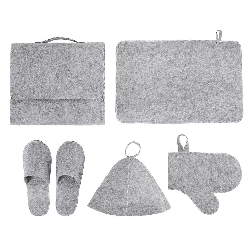 5-Piece Sauna Accessory Set Wool Felt Gloves Slippers Seat Cushion & Hat with Storage Bag for Hair Drying & Cleaning