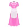 Women French Maid Dress Satin Lapel Collar Lace Trim Short Sleeve Wet Look PU Maxi Apron Costume