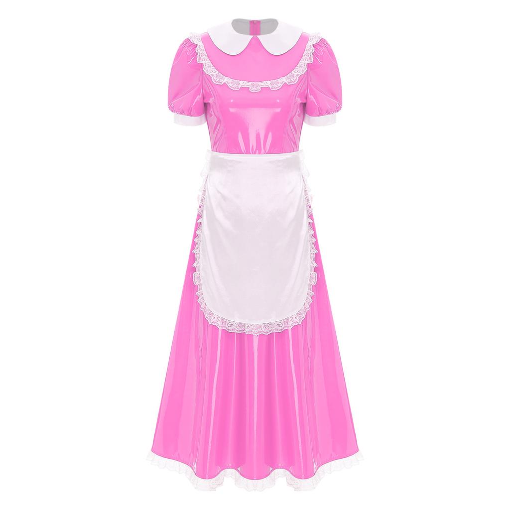 Women French Maid Dress Satin Lapel Collar Lace Trim Short Sleeve Wet Look PU Maxi Apron Costume