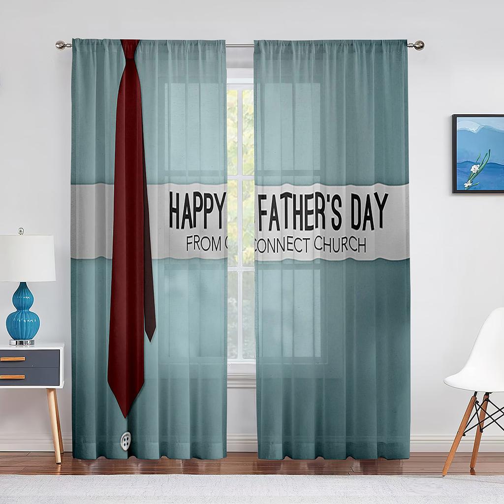 Happy Father‘s Day Sheer Voile Curtain Ocean Beach Sunset Kids Silhouettes Window Tulle Curtains for Living Room Bedroom Decor