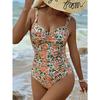 European and American Print Ruched One-piece Swimsuit, Sexy Solid Color Swimwear for Women KTY
