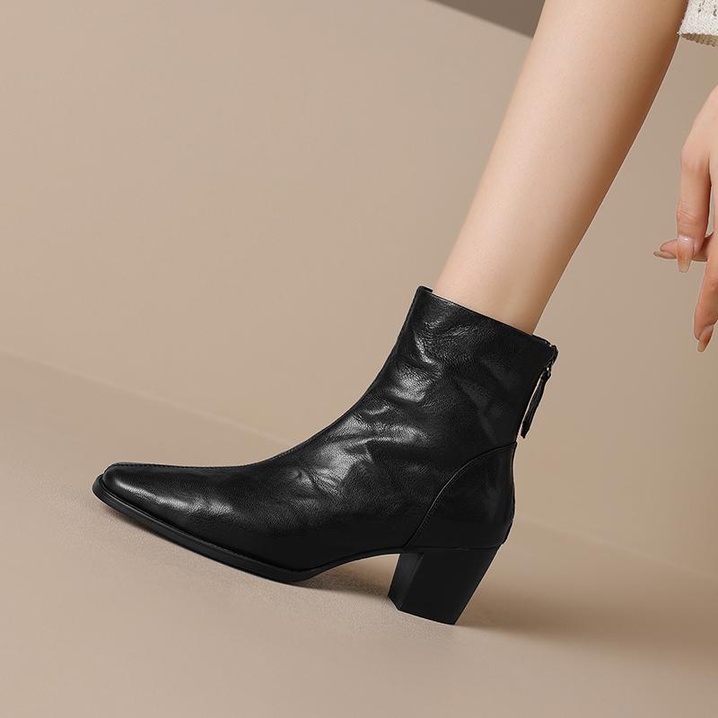 Fashion 2025 Autumn/Winter Women Boots Genuine Leather Women Shoes Square Toe Chunky Heel Shoes Zip Ankle Boots Lace-up Modern Boots