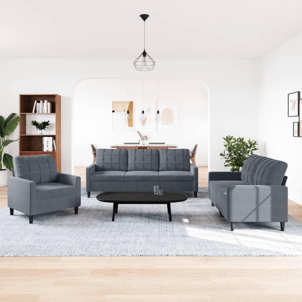 3 Piece Sofa Set with Cushions Dark Grey Velvet