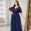 European-American V-neck Lace Evening Dress with Mid-Sleeves, Elegant for Banquets and Spring Events.