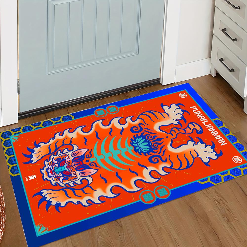 Butterfly Tiger Welcome Door Mat with Pattern Mat for Kitchen Bathroom Checkered Border Bedroom Rugs Home Decoration Carpet