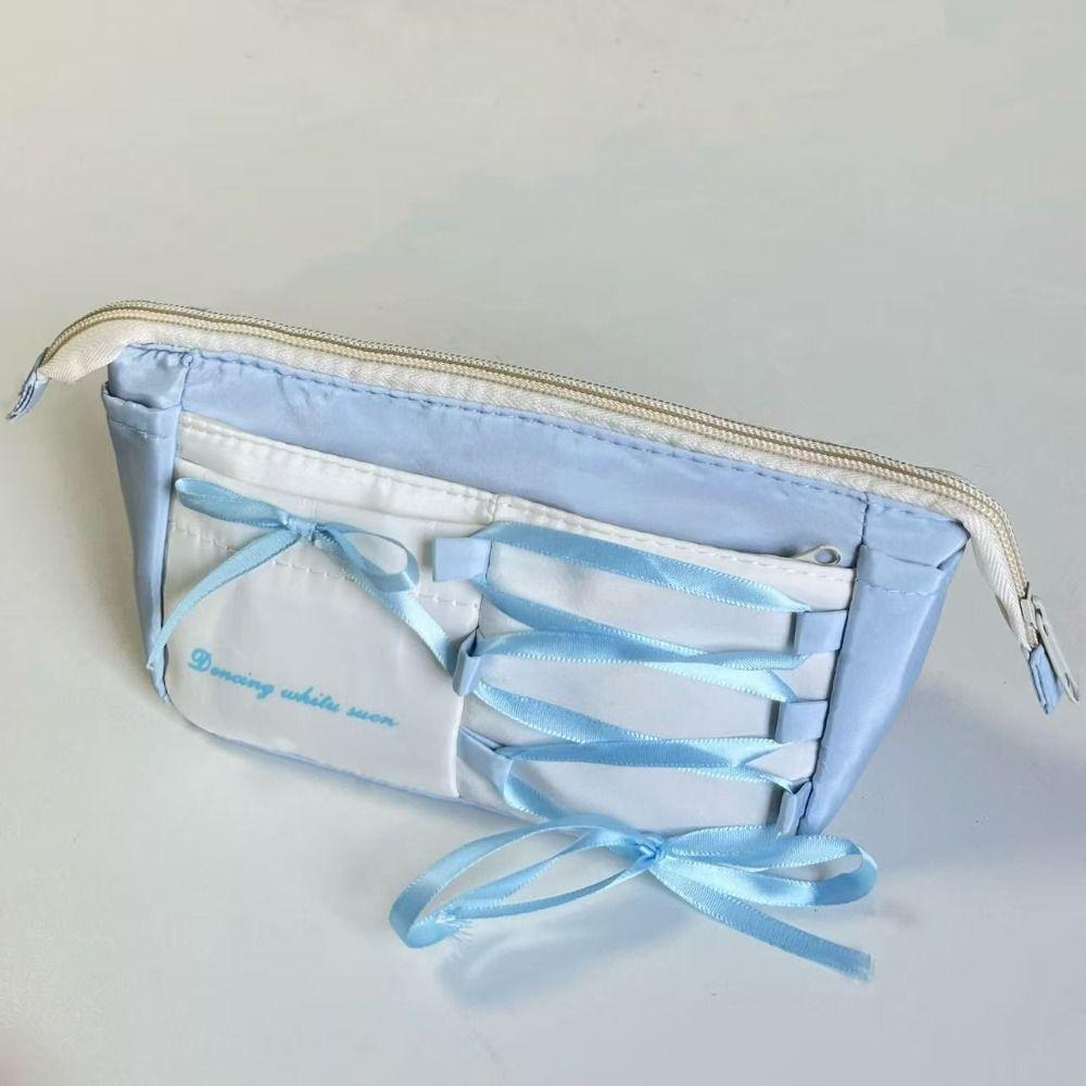 Portable Blue Ballet Style Pen Bag Bow Ribbon Large Capacity Pencil Case Stationery Bag Back To School Gift