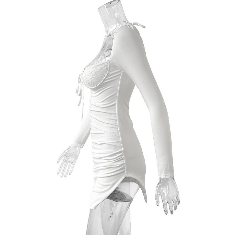 Women's Fall Square Collar Lace Up Long Sleeve Sexy Lace Lace Slit Dress