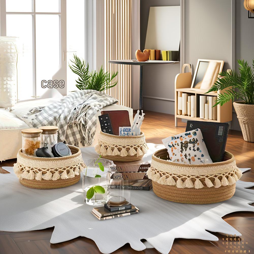 Round Tassel Cotton Rope Storage Basket Set - Country Style, Three-Piece Woven Clutter Organizer