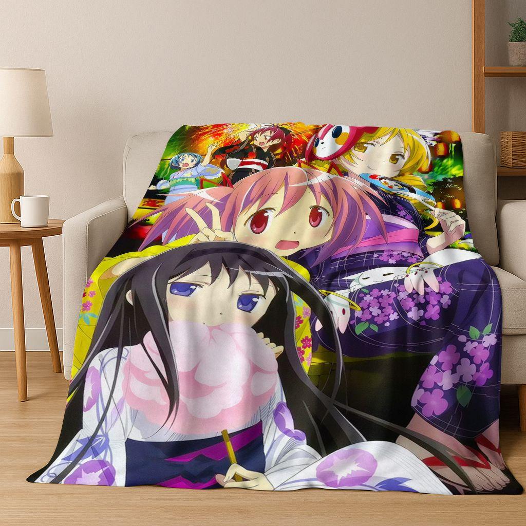 Cartoon Puella Magi Madoka Magica Girl Anime Art Flannel Blanket,Cozy Soft Throw Blanket for Home Bedroom Bed Sofa Cover Kids