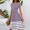 Women's Casual Fashion Round Neck Pleated Short Sleeve Striped Printed A-Line Midi Dress