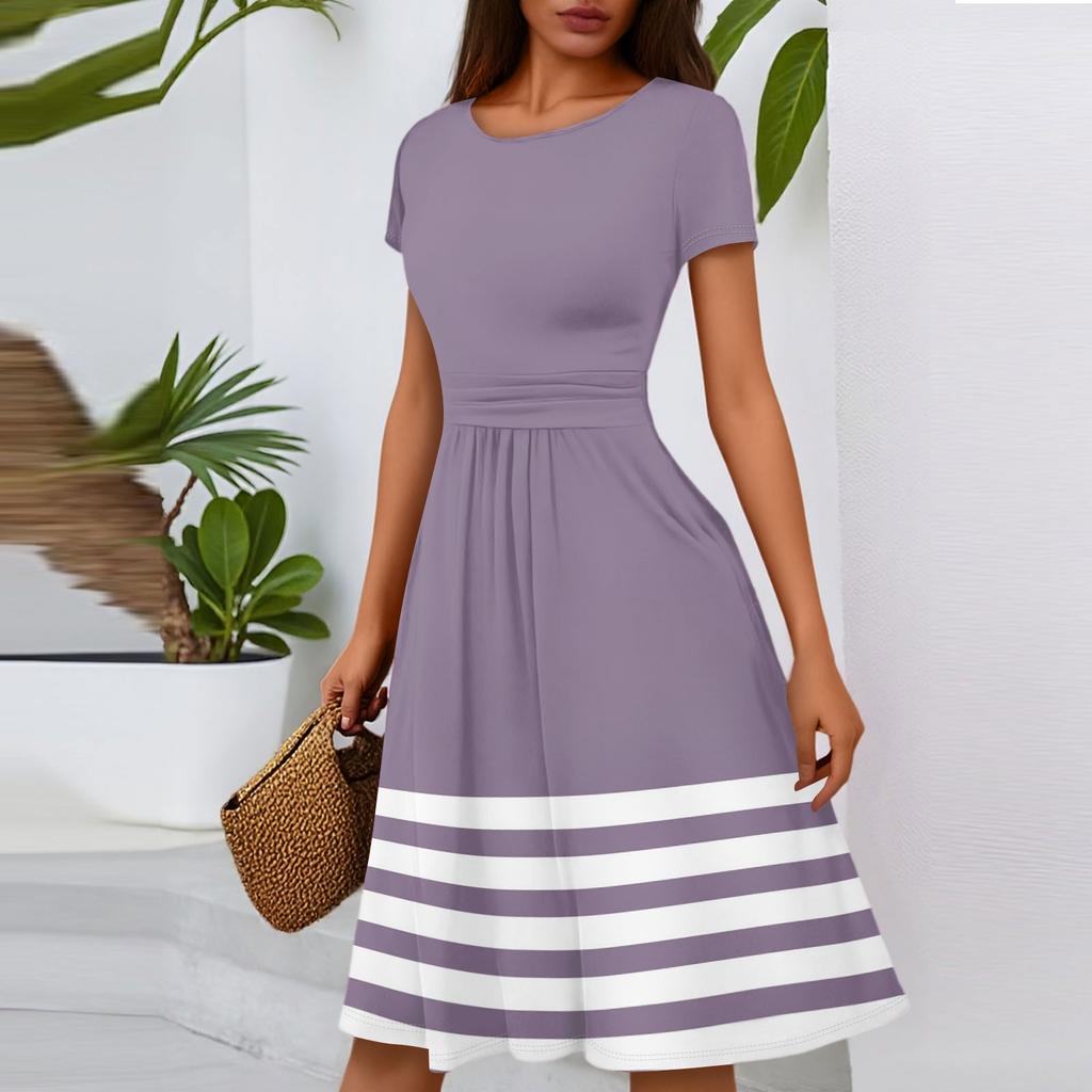 Women's Casual Fashion Round Neck Pleated Short Sleeve Striped Printed A-Line Midi Dress