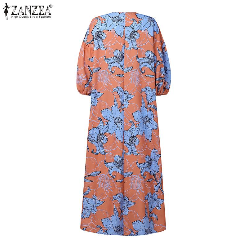 ZANZEA Women Summer V-Neck 3/4 Sleeve Loose Casual Print Dress