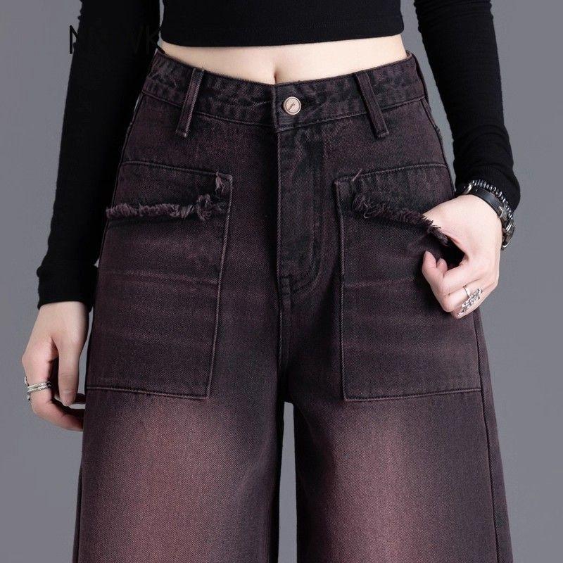 Red and black velvet jeans for women, new autumn and winter high-waisted wide-leg pants, great-looking straight pants.