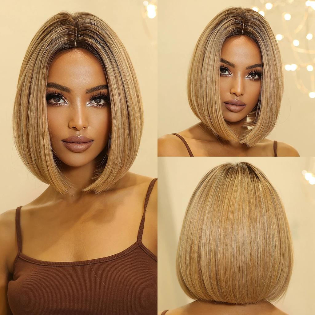 Purple Pink Ombre Black Short Straight Synthetic Wigs with Bangs Bob Wig for Women Daily Cosplay Party Heat Resistant Fake Hairs