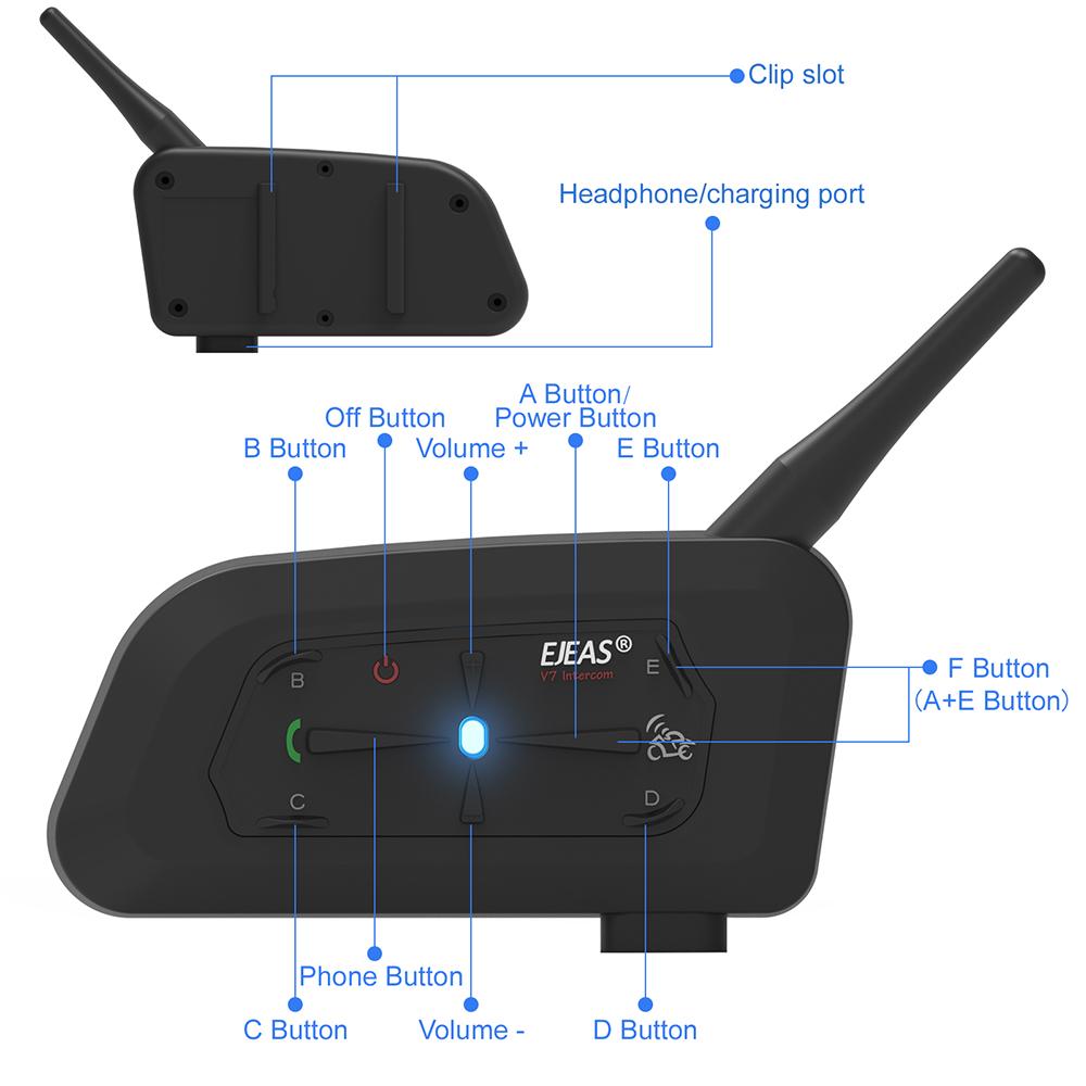 EJEAS V7 Motorcycle Helmet Bluetooth Headset Waterproof Walkie-talkie Communicator Long Standby Suitable for 7 People Riding Set