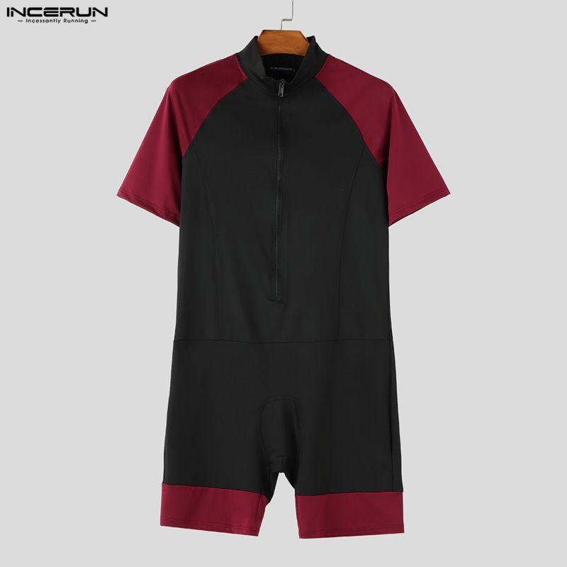 INCERUN Men's Short Sleeve Front Zipper One-Piece Biking Bodysuit Skinsuit Jumpsuits Rompers