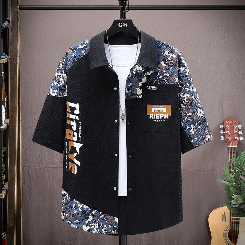 Men Camouflage Patchwork Shirt Short Sleeve Button Down Casual Streetwear Shirt for Men S чёрный