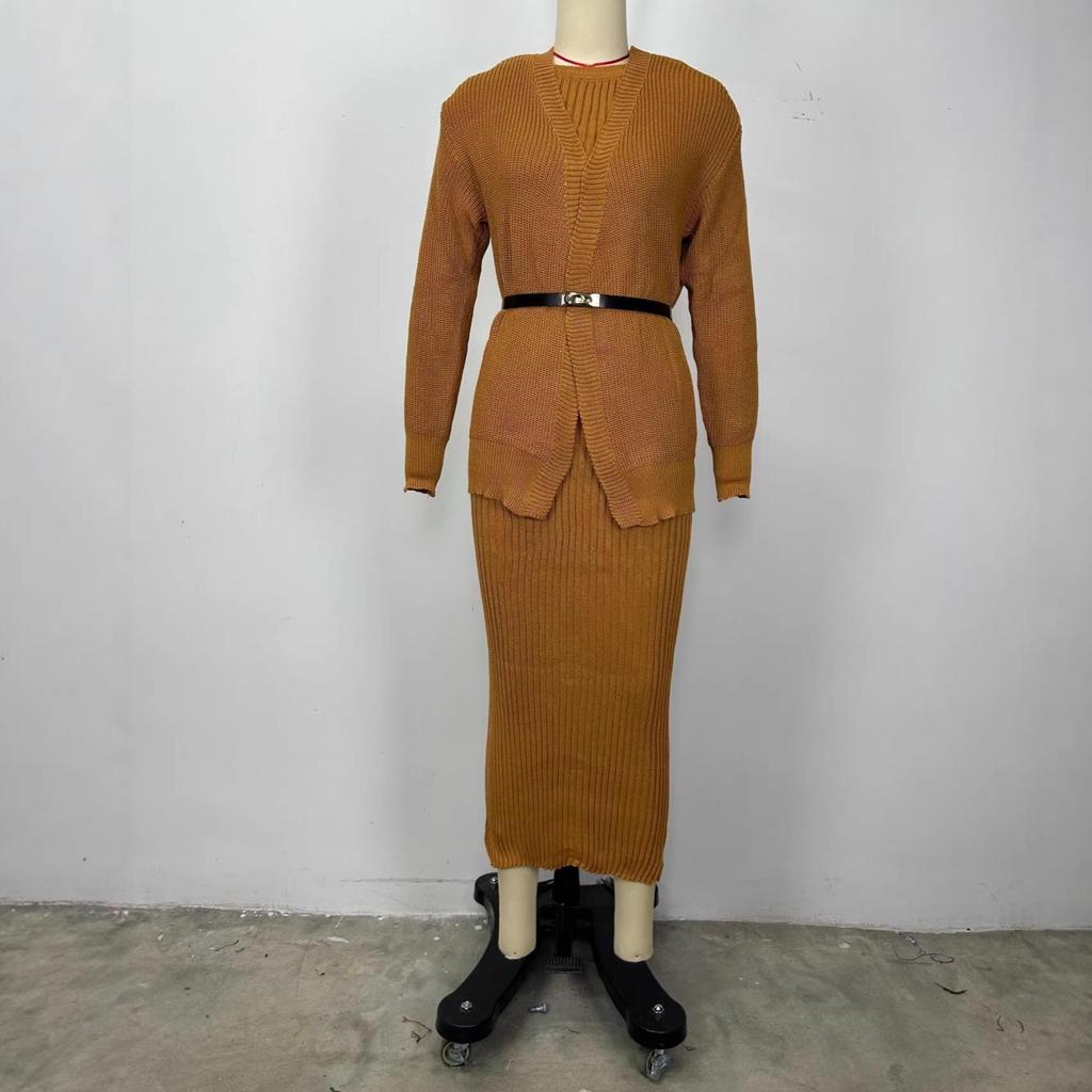 Russian Autumn/Winter Casual Round Neck Lazy Style Knitted Cardigan Set Dress