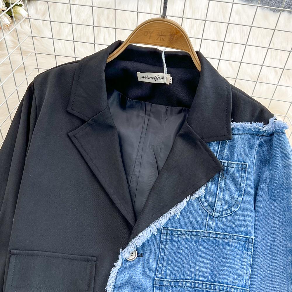 Fashion Suit Women's Retro Hong Kong Style Color Matching Short Jacket Cowboy Coat Two-Piece Set High Waist Hip Skirt Spring