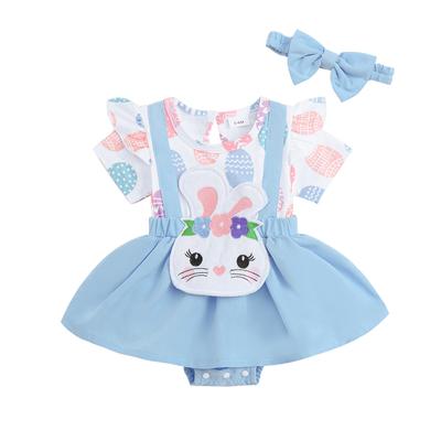 Baby Girls Easter Romper Dress Bunny Patch Egg Print Ruffled Short Sleeve Jumpsuit Headband Adorable Outfits