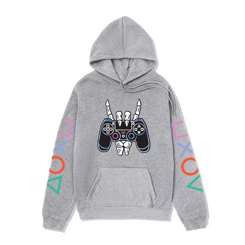 Winter Comfortable Fashion Long Sleeved Letter Game Console Icon Printed Hoodie-Soft Medium Stretch Polyester Fabric Winter Relaxed Fit Clothing