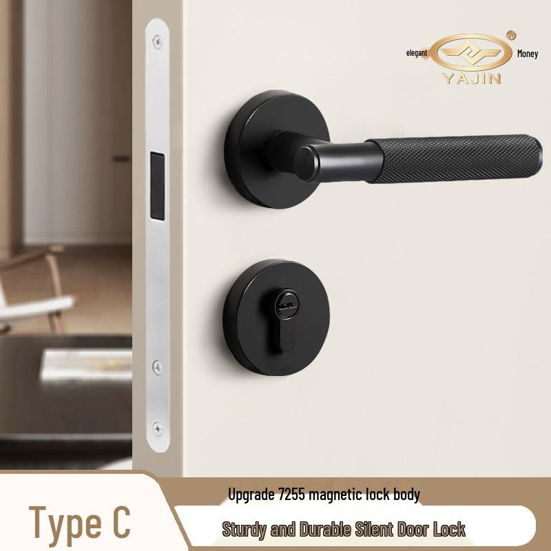 Black Knurled Magnetic Silent Door Handle with Lock for Bedroom Wood Doors