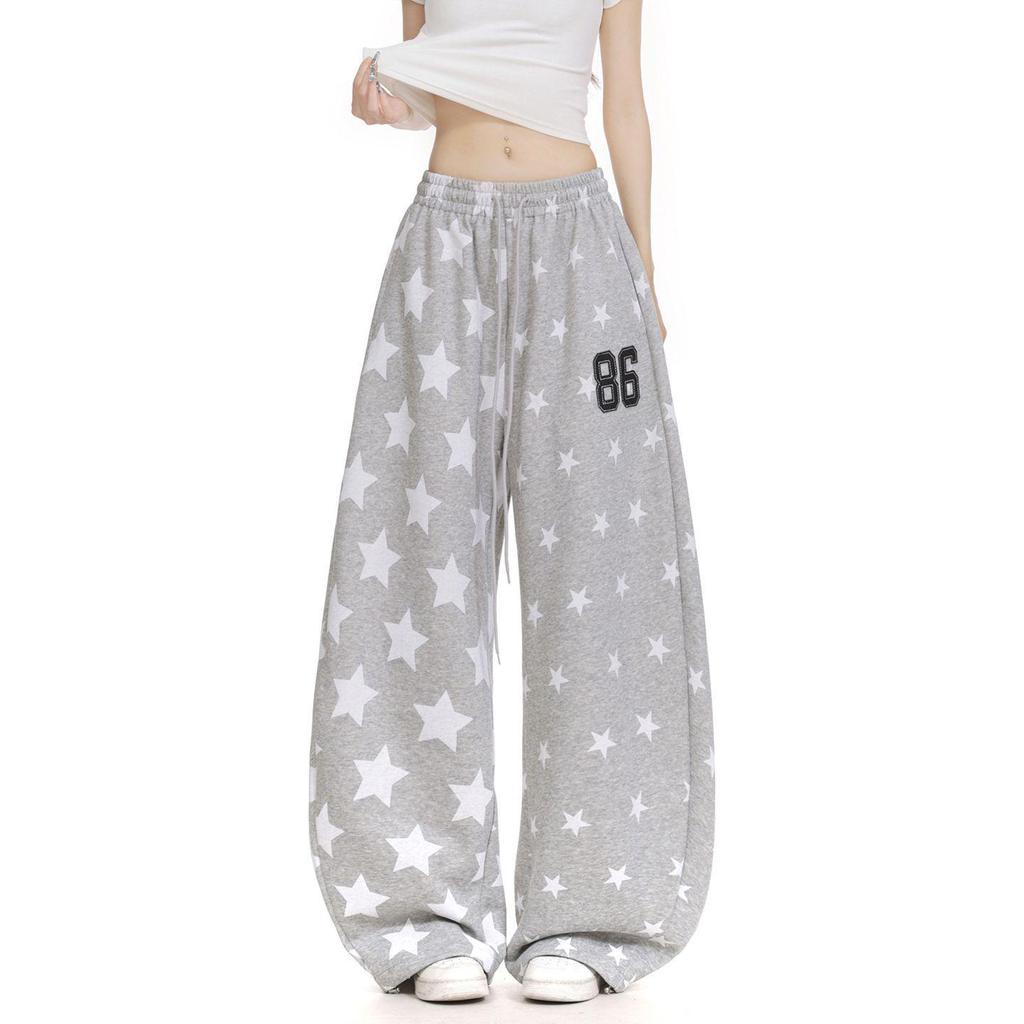 Women's Retro Star Print Curved Blade Sweatpants - Loose Wide-Leg Design for Autumn/Winter Street Dance