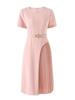 Elegant Slimming Pleated Short Sleeve Waist-Cinching Dress for Spring/Summer
