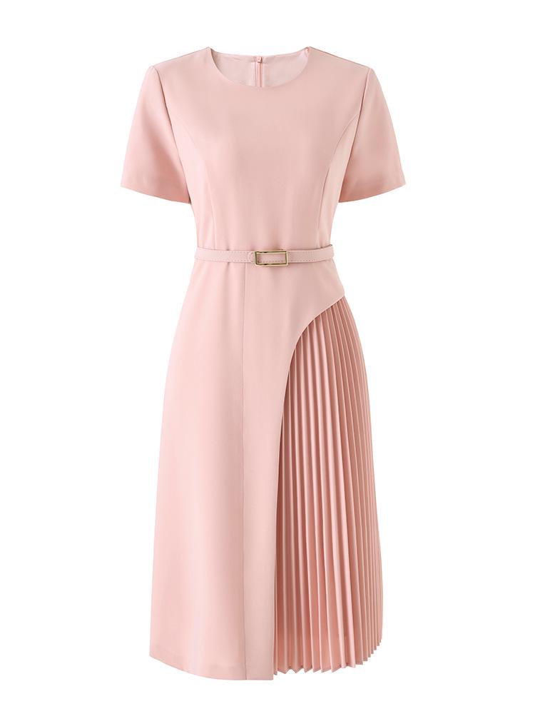 Elegant Slimming Pleated Short Sleeve Waist-Cinching Dress for Spring/Summer