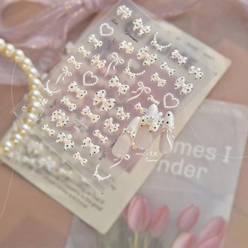Heart Pearl Nail Stickers Small Fresh White Bow Ribbon Nail Charms Stickers Self Adhesive Nails 3D Decorations Parts Diy Decals